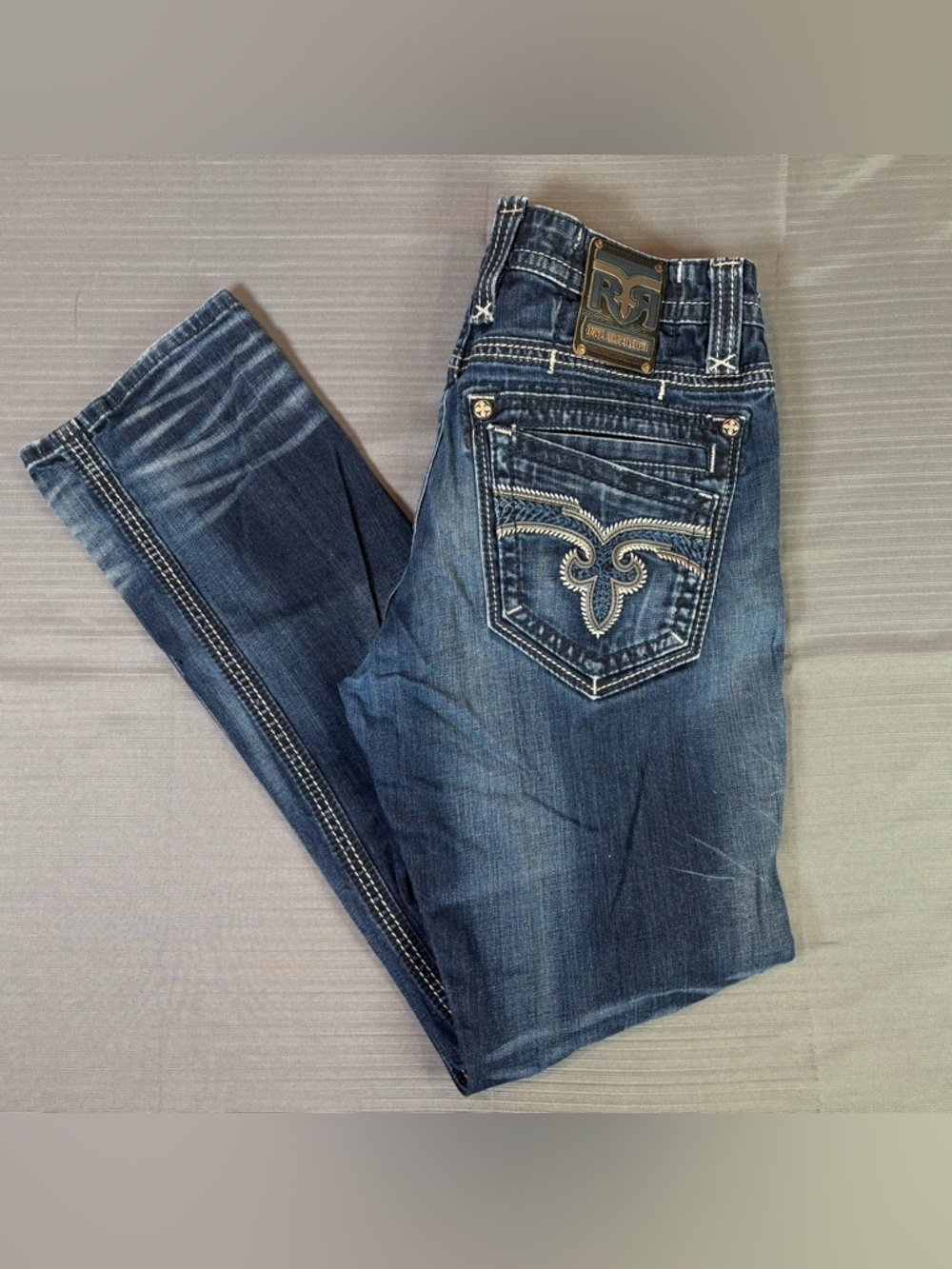 Rock Revival Tavin Straight Jeans Mens 36 Blue Distressed Thick Stitch Designer
